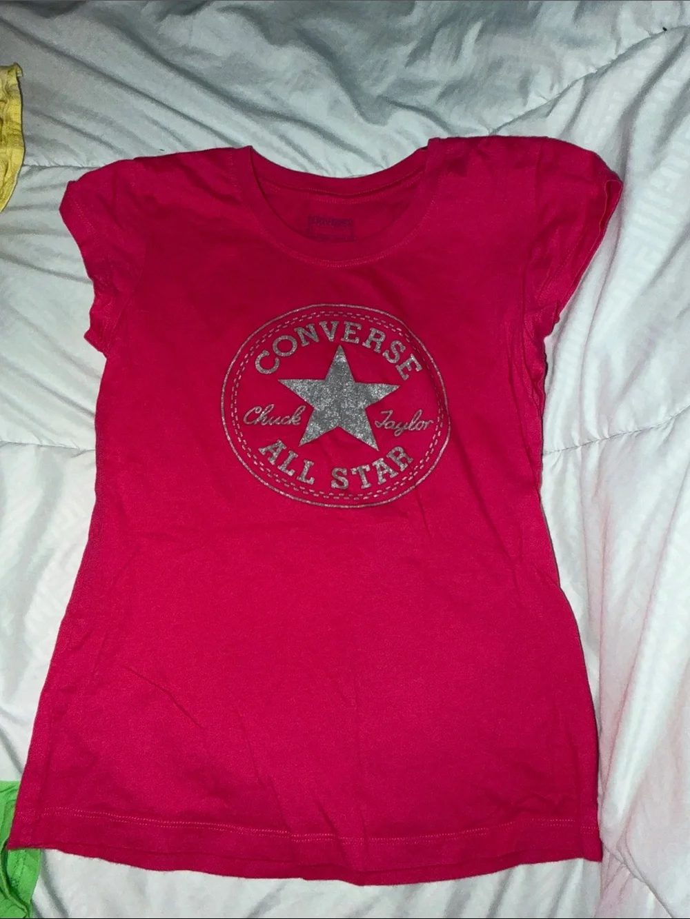 hot pink Tshirt by Converse All Star, Chuck Taylor, print has some sparkle to it